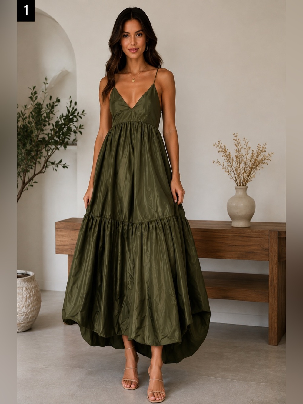 Modern Citizen Olive Green Spaghetti Strap Tie Back Maxi Dress Size Small